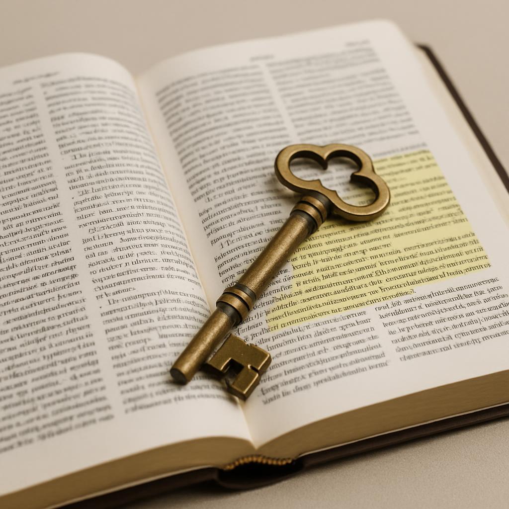 A brass skeleton key resting on an open book.